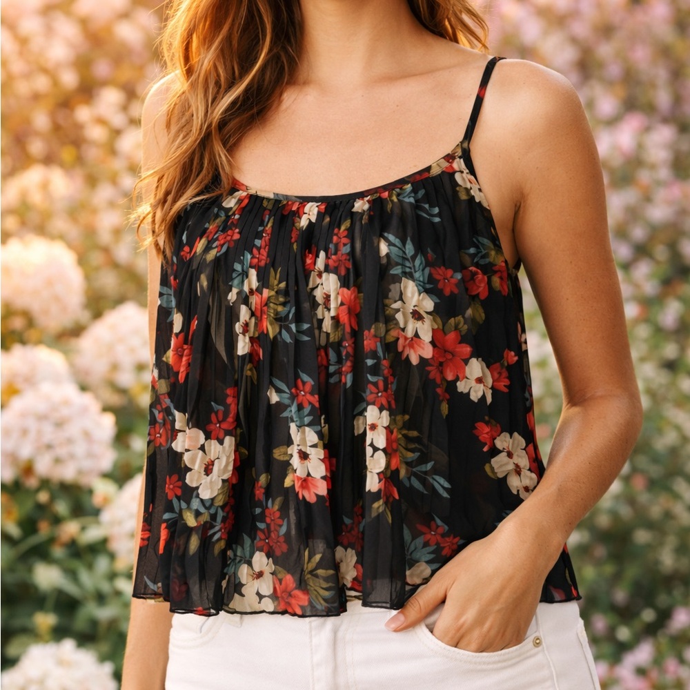Women’s Floral Sheer Babydoll Tank Top Black Camisole Flowy Summer Size Small